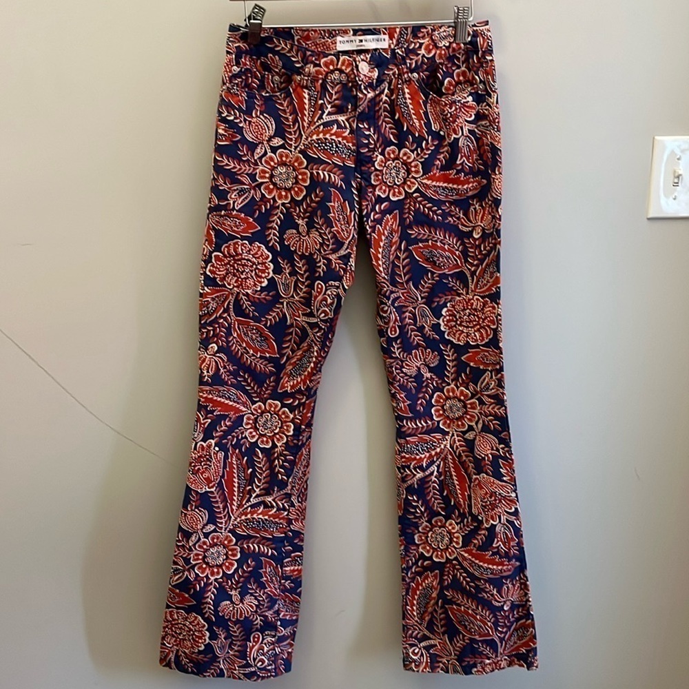 Vintage Tommy Hilfiger Flared Pants Floral Paisley Size 2 Red Blue Retro